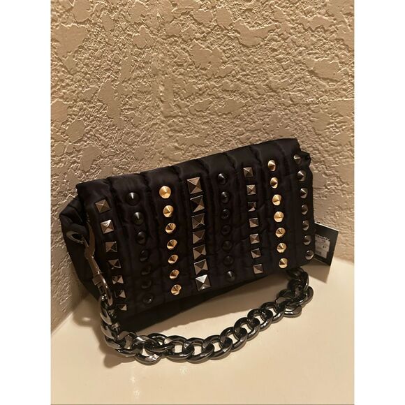 Think Royln The Studded Bar Bag Black Quilted Nylon Puffer Purse Edgy Punk NWT - Picture 3 of 14